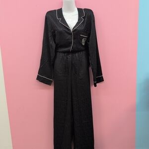 Victoria Secret Black Satin Pajama Set with White Trim Large